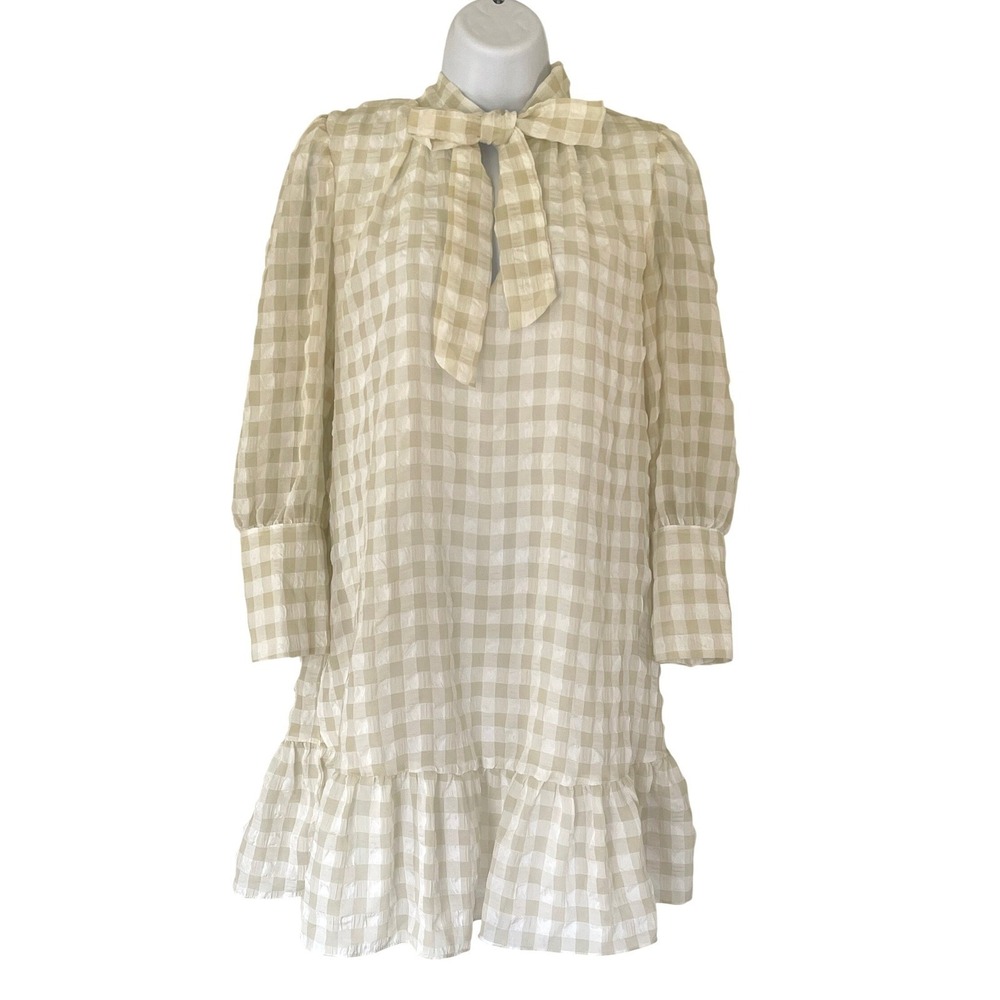Walter Baker Beige Gingham Tie Neck Ruffle Mini Dress W71243 Womens Medium - Picture 7 of 8